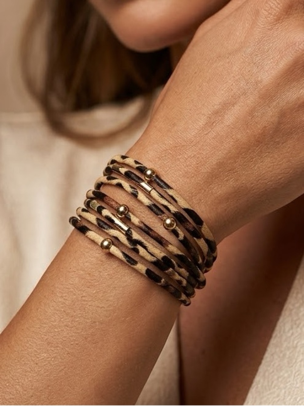 Leopard Print Multi-Wrap Leather Bracelet with Gold Beads B04-03